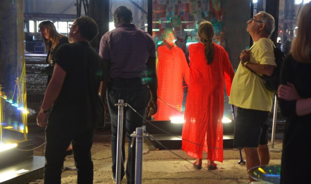 people interacting with an anaglyphic mirror at the 10th luminato festival, hearn generating station