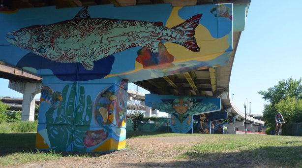 a cyclist rides past 4 bents under the Don Valley Parkway that have been painted with murals as part of the Love Letter to the Great Lakes project. 