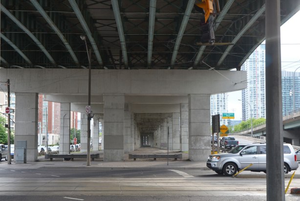 under an elevated section of the Gardiner Expressway, at Spadina. 