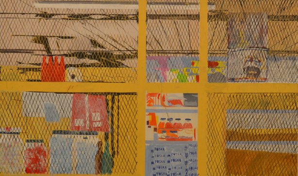 a painting by Hurvin Anderson called Foska Foska, shows the interior of a store with a yellow metal gate in front. and a wire structure covering the ceiling too