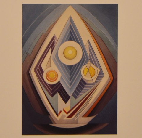 an abstract painting by Lawren Harris, circles and diamonds in an egg shape