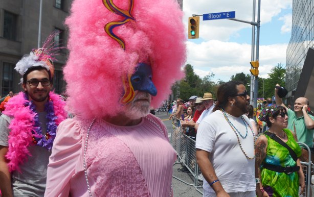 a man in drag, pink dress, and a very large pink wig.  He also has a partial mask over his face so that is forehead and very large nose look blue. 