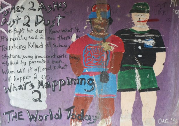 street art, two people on a purple background, looking old and worn (the mural that is), lots of words have been written on it, including Ashes 2 Ashes, Dust 2 Dust and What's happening 2 the world today