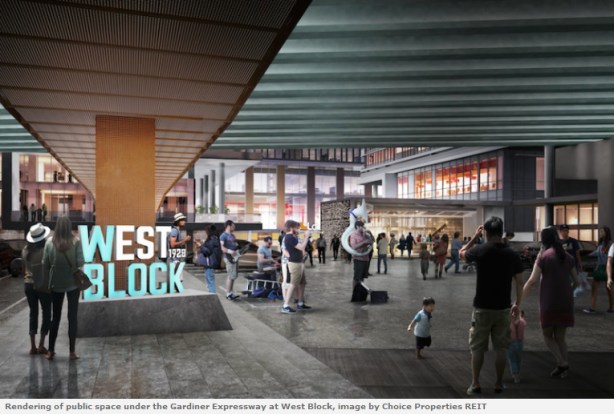 artist's rendering of what a planned development for under the Gardiner would look like, part of a larger condo and retail development. 