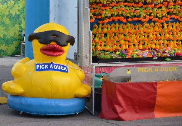 a very large inflatable yellow ducky with bright red beak and black sunglasses, standing beside a pick-a-duck game with a wall of stuffed yellow ducks behind it 