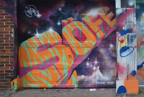 large letters S O F E in orange and green tiger stripes with purple sky-like background