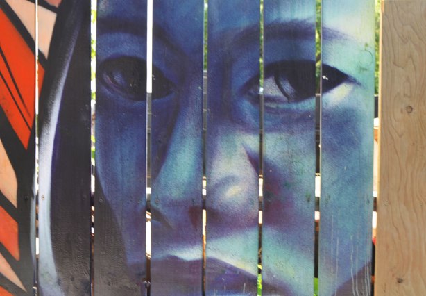street art painting of part of a woman's face, in blues, on a wood fence, vertical pieces of wood with slight gaps between the wood