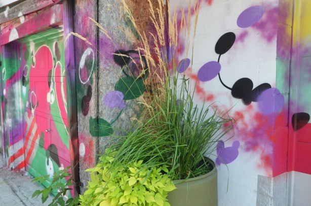 an old beige plastic barrel that has been turned into a planter, with pink tall grasses and greenery, in front of a garage door that has been painted in abstract street art in bright colours.