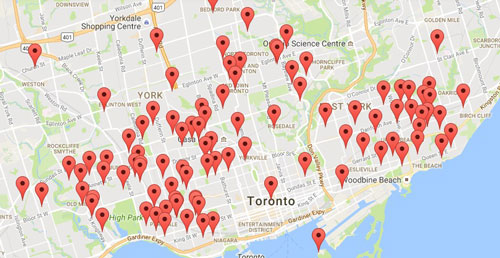 map, from google maps, of the locations of little free libraries in the city, 