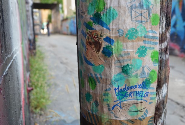an old fashioned type drawing in colour of a woman, back of head mostly, flowers woven into her hair, signature of the artist, mademoiselle berthelot