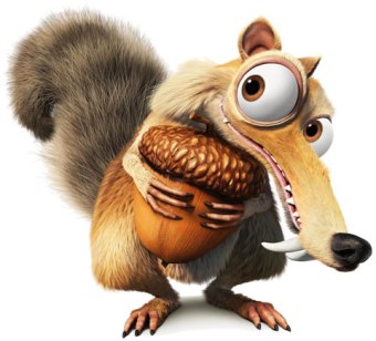 cartoon character Scrat from the movie 'ice age' holding onto an acorn