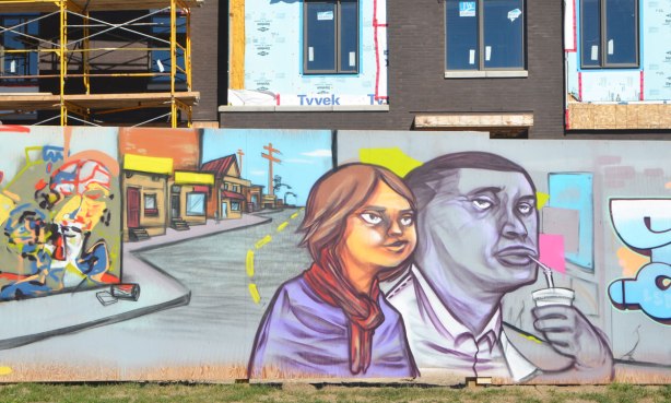 part of a larger mural, a man and a woman walking on a street, the man is drinking with a straw