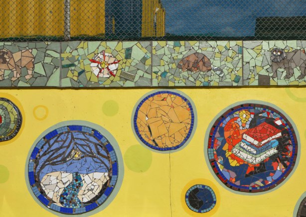 some of the mosaic medallions on the Coxwell mosaic mural 