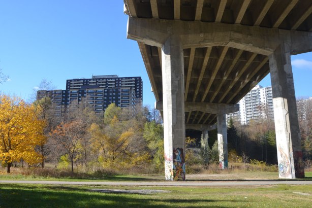 park with grass and autumn foilage trees, apartment building in the background, a large bridge passes over with four or five concrete pillars. SUnny blue sky day