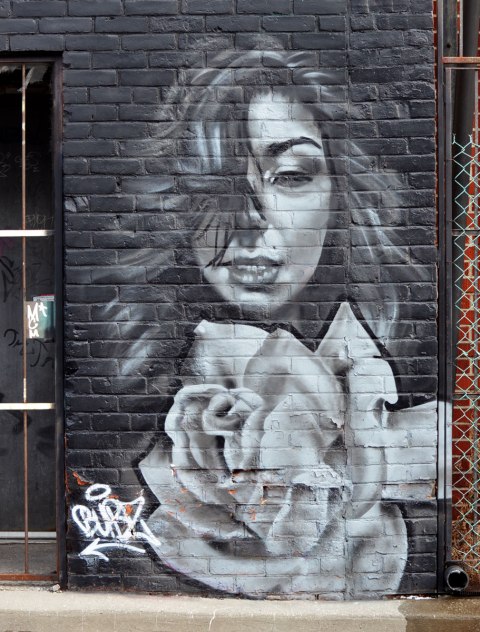 a black and white mural by bubz, grey tones actually, of a woman with long hair and a white rose