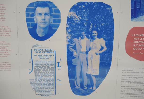 old photos in blue tones on a mural, along with a picture of an old newspaper clipping describing an automobile accident at Yonge & Bloor in which someone died. 