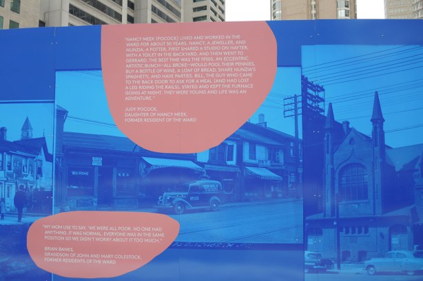 part of larger mural, reprints in blue tones of historical photos from city archives of ould buildings from the part of the city called The Ward that was demolished in the 1950's to make way for new City Hall