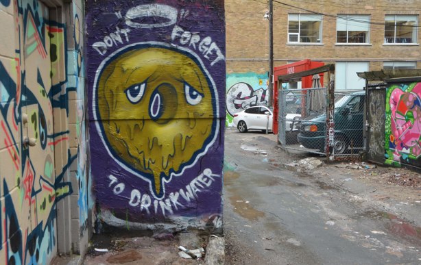 a street art piece in an alley that is purple background with with a dripping brownish circle with two eyes and the words don't forget to drink water. The alley is also in the picture with parts of a couple of other murals visible