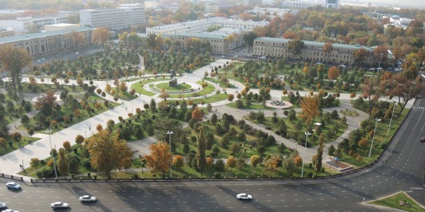 view from top floor window of Hotel Uzbekistan overlooking Amir Timor Square