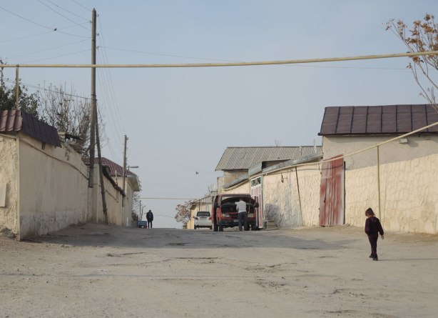 street in Naruta Uzbekistan with yellowish coloured mud walls lining the street - a man is working on a red van parked at the side of the street, a child is walking up the street