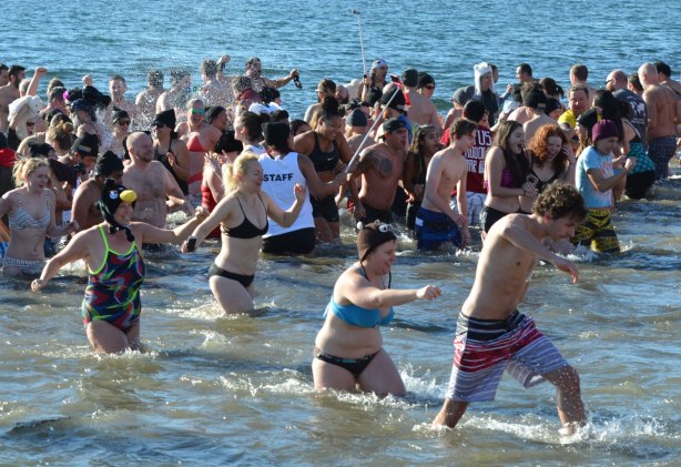 people participating in the 12th annual polar bear dip at Sunnyside Park in Toronto, in the icy cold water of Lake Ontario