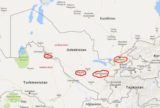 map of Uzbekistan, modified from google maps with 4 towns circled in red, Khiva, Bukhara, Samarkand and Tashkent 
