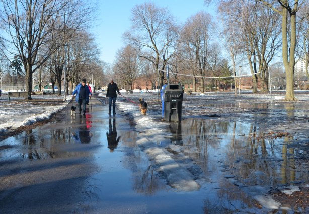 afternoon in the park when the snow and ice begin to melt. Lots of water, big puddles, a few people walking dogs on the path trying to stay dry, reflections of them and many trees in the puddles. 