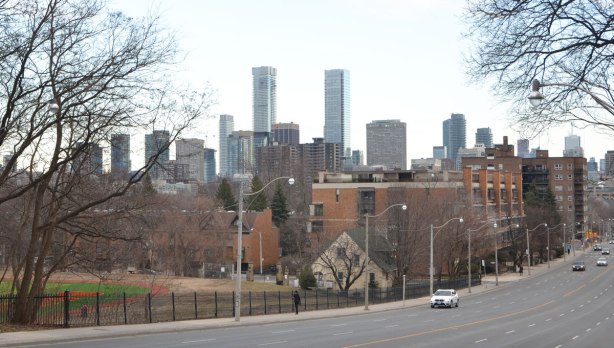 view of downtown Toronto skyline from Avenue Road, just south of St. Clair. 