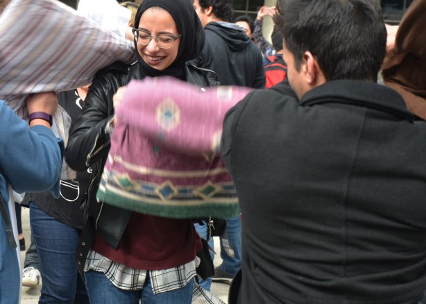 people, pillow fight, Nathan Phillips Square
