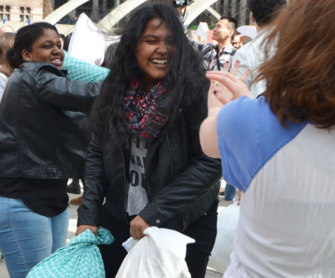 people, pillow fight, Nathan Phillips Square
