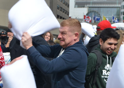 people, pillow fight, Nathan Phillips Square