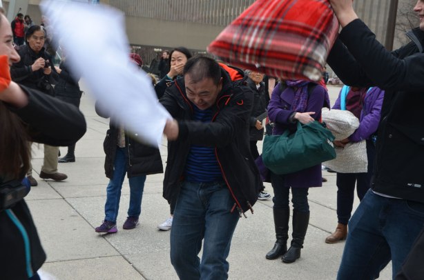 people, pillow fight, Nathan Phillips Square