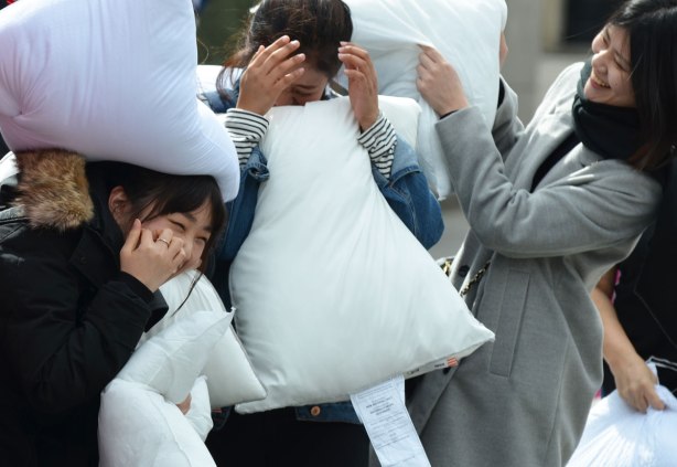 people, pillow fight, Nathan Phillips Square