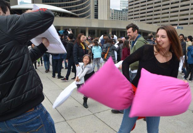 people, pillow fight, Nathan Phillips Square