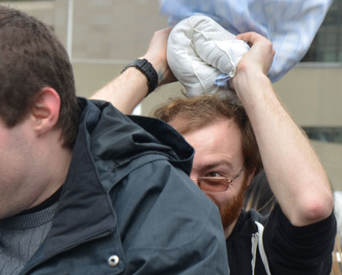 people, pillow fight, Nathan Phillips Square