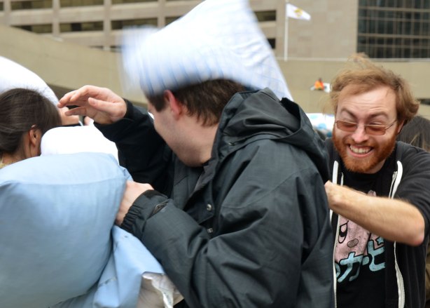 people, pillow fight, Nathan Phillips Square