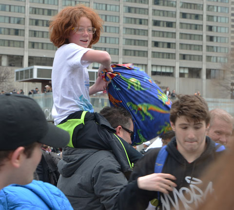 people, pillow fight, Nathan Phillips Square