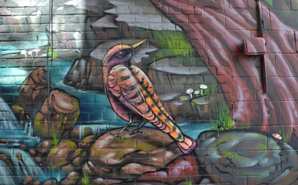 part of a large colourful mural by clandestinos smoky and shalak - a small bird sitting on a rock by a creek