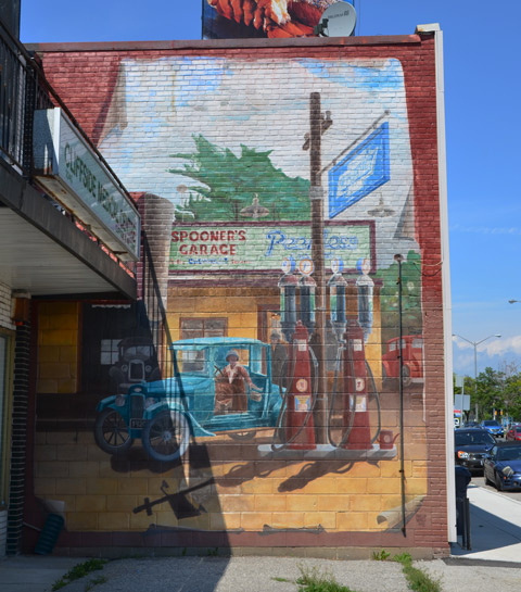 mural of gas station, Spooners Garage, from the 1920s or 1930s