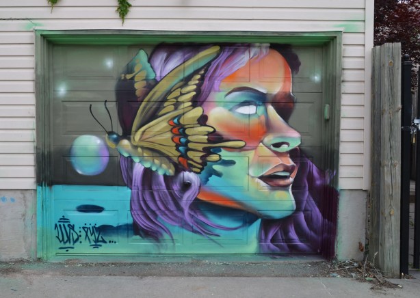 a mural on a garage door in an alley, part of butterflyways project - a person's face in profile, with a butterfly spread over the back part of the head