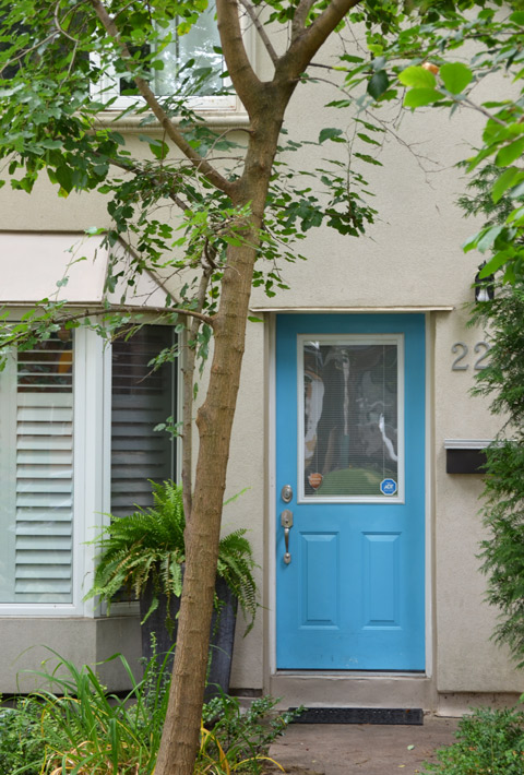 turquoise blue front door with a window in it, on a beige stucco house