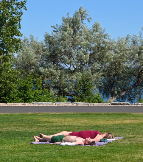 two people lying on a blanket on a grassy area in a park, trees in the background
