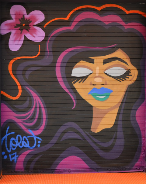 a smal street art painting by toes of a pink flower and a woman's head, long dark hair with streaks of pink, blue lips, and eyes closed 