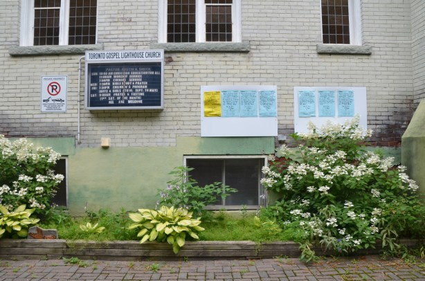 exterlior side wall of the Gospel Lighthouse church, small garden in ront with shrubs and hostas, also blue notices tacked to the wall, re application for variances to the zoning code. 