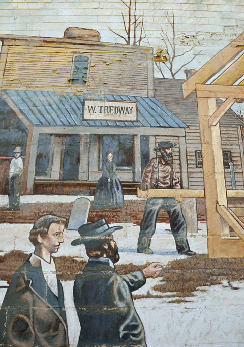 part of a mural, historic scene, old store with name W. Tedway above the door, people in period costumes, circa 1867. winter scene
