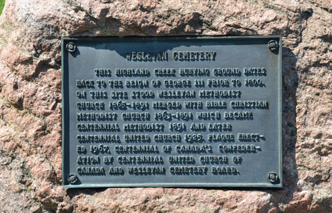 bronze plaque on a stone wall in the Wesleyan cemetery on Old Kingston Road, Highland Creek, Scarborough