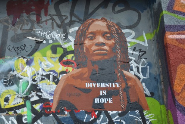 poster street art of a black woman's head and shoulders, 3/4 angle. She is wearing dreadlocks. The words on the poster say Diversity is Hope