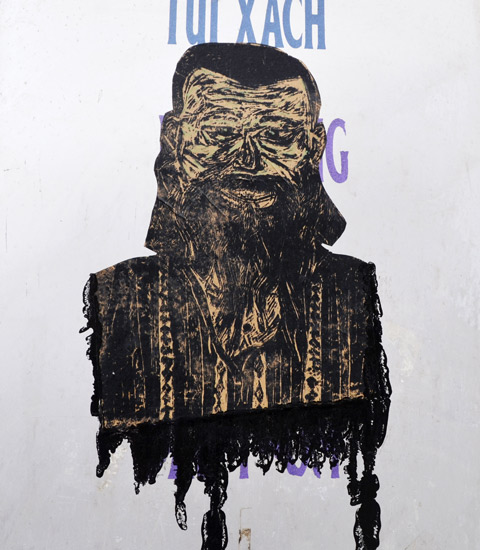 street art paste up of a man's head and shoulders, ugly, long beard, high collar, striped shirt 