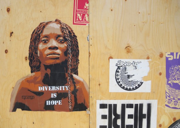 diversity is hope pasteup with picture of black woman with dreadlocks 