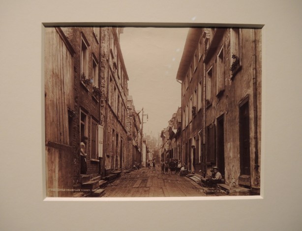 vintage albumen print photo, 1890, Little Champlain street in Quebec City. row houses, kids in the street 